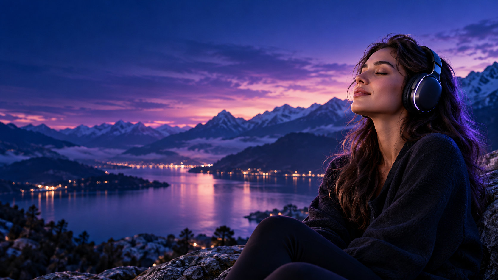 Woman listening to a guided exercise by a mountain lake